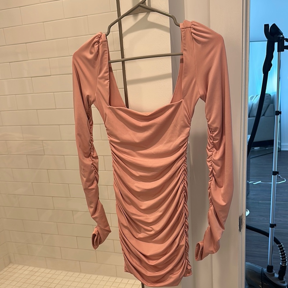 Oh Polly Pink Asymmetrical Ruched Bodycon Dress
